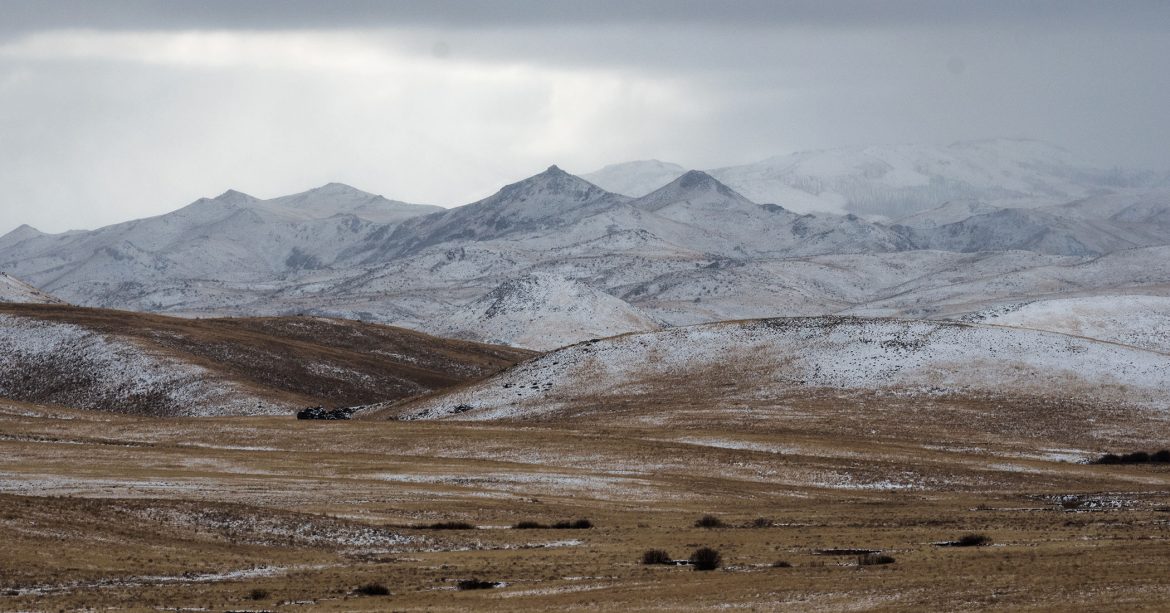 Snowy mountains and dry grass plains